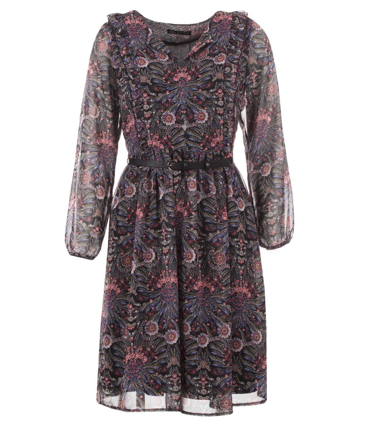 Chiffon dress with long sleeves, emphasized waist, with paisley print  2